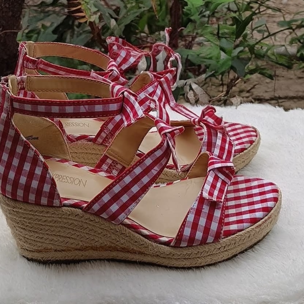 Red Gingham Espadrille Wedge Sandals